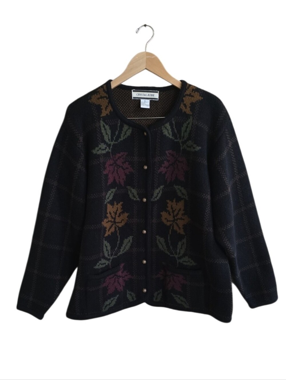 Vintage Crystal Kobe Window Pain Fall Leaves Thick Knit Cardigan. Size XL